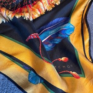 Echo Silk Scarf in Black, Gold, Blue & Green Feather Motif